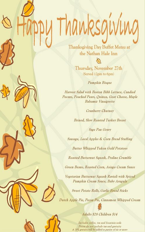 Thanksgiving Day Buffet Menu At Nathan Hale Inn - Windham Arts